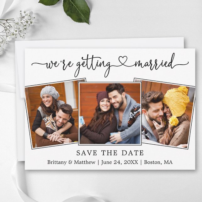 Modern Calligraphy Heart Getting Married 3 Photo Save The Date (Customize to add text to back of card.)