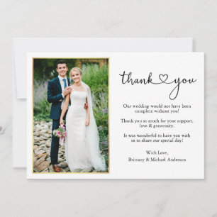 Modern Calligraphy Heart Gold Frame Photo Wedding Thank You Card