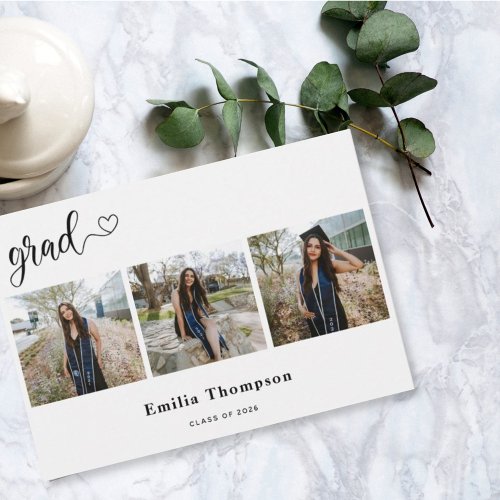 Modern calligraphy heart graduate 3 photo collage announcement