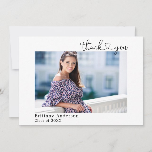Modern Calligraphy Heart Graduation Photo Thank You Card (Front)