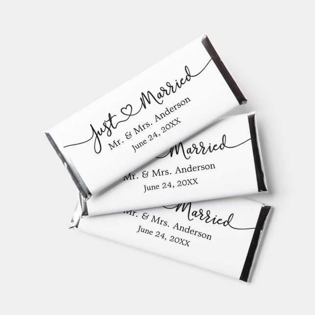 Modern Calligraphy Heart Just Married Wedding Hershey Bar Favors (Front)