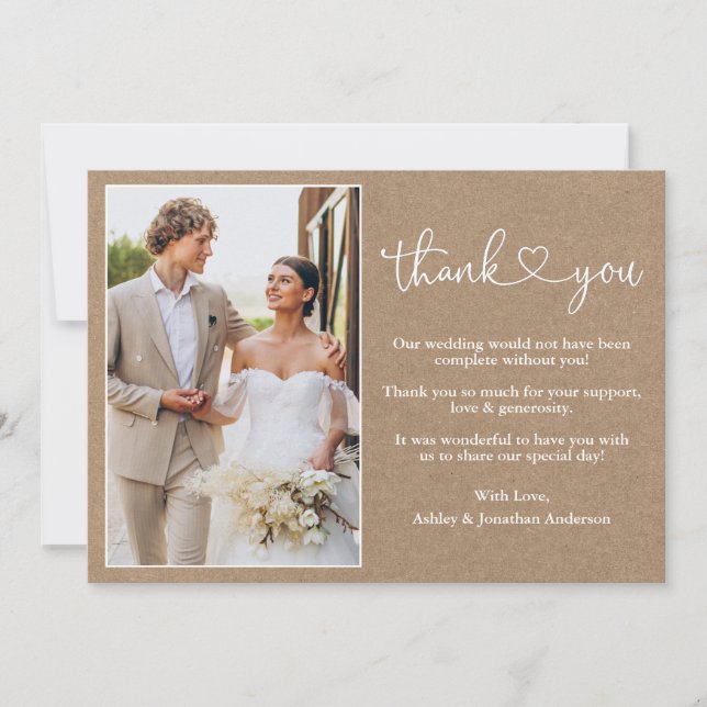 Modern Calligraphy Heart Kraft Wedding Photo Thank You Card (Front)