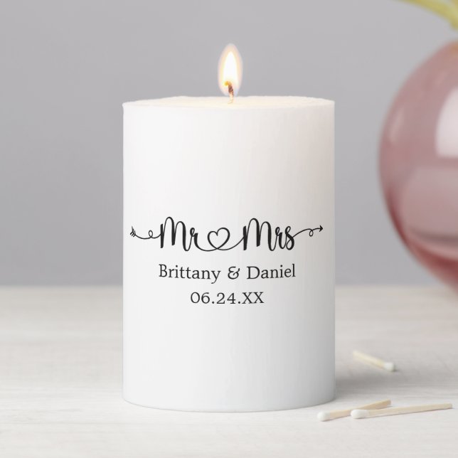 Modern Calligraphy Heart Mr. and Mrs. Wedding Pillar Candle (In Situ)
