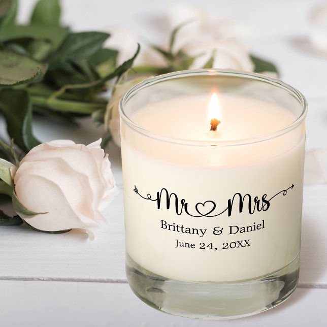 Modern Calligraphy Heart Mr. and Mrs. Wedding Scented Candle (Customize to change your personalized text size or text style.)