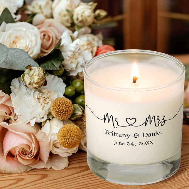 Modern Calligraphy Heart Mr. and Mrs. Wedding  Scented Candle (Customize to change your personalized text size or to add more text to back. )