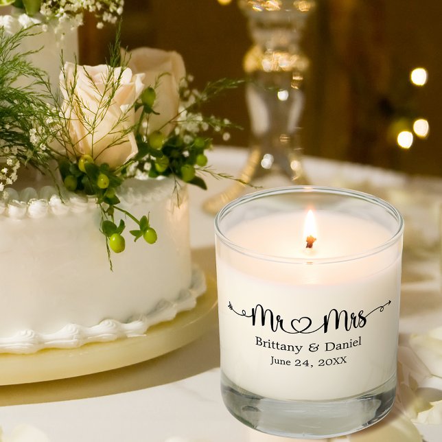 Modern Calligraphy Heart Mr. and Mrs. Wedding Scented Candle (Customize to change your personalized text size or text style.)
