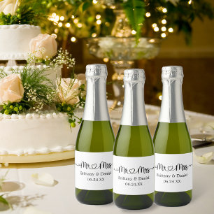 Modern Calligraphy Heart Mr. and Mrs. Wedding Sparkling Wine Label