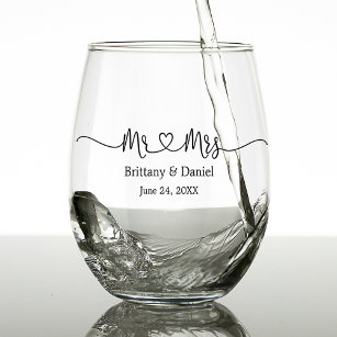 Modern Calligraphy Heart Mr. and Mrs. Wedding Stemless Wine Glass