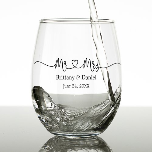 Modern Calligraphy Heart Mr and Mrs Wedding Stemless Wine Glass