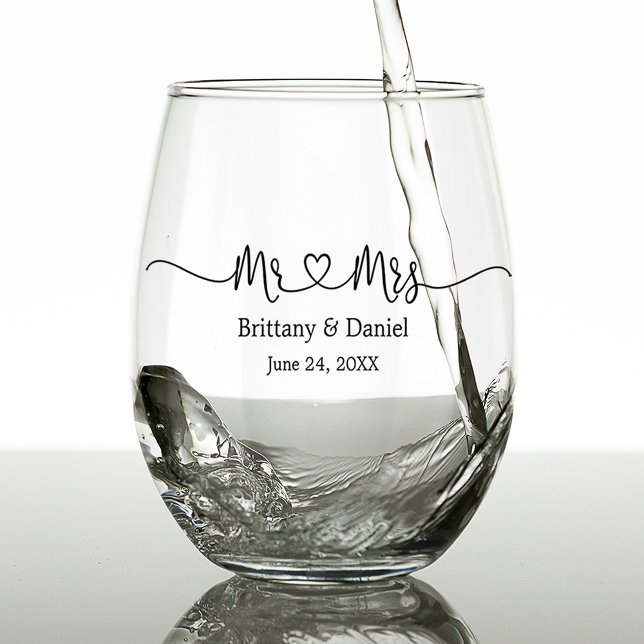 Modern Calligraphy Heart Mr. and Mrs. Wedding Stemless Wine Glass (Several styles to choose from.)