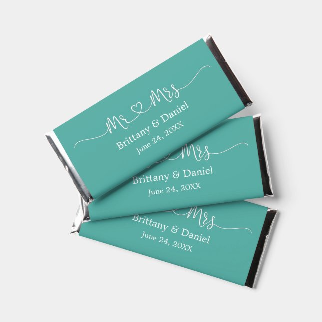 Modern Calligraphy Heart Mr. and Mrs. Wedding Teal Hershey Bar Favors (Front)