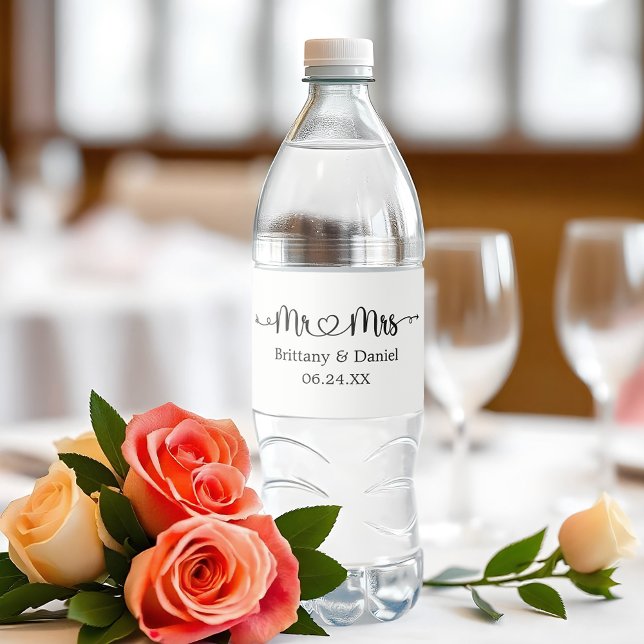 Modern Calligraphy Heart Mr. and Mrs. Wedding  Water Bottle Label (Customize to change background color.)