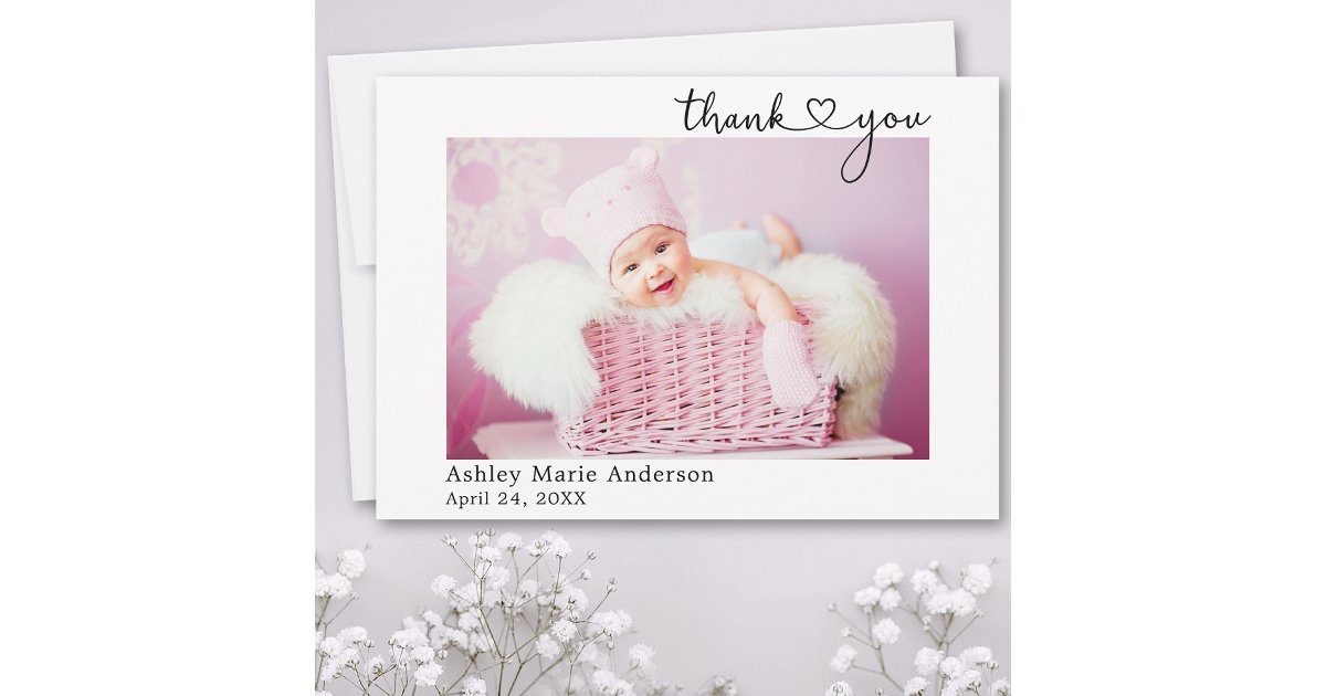 Modern Calligraphy Heart New Baby Thank You Card | Zazzle