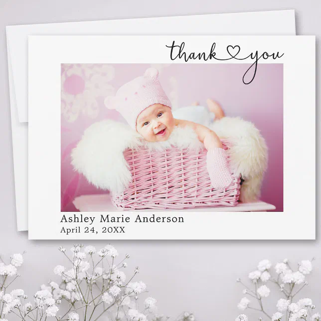 Modern Calligraphy Heart New Baby Thank You Card | Zazzle