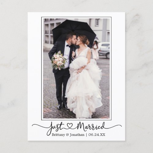 Modern Calligraphy Heart Photo Just Married Postcard