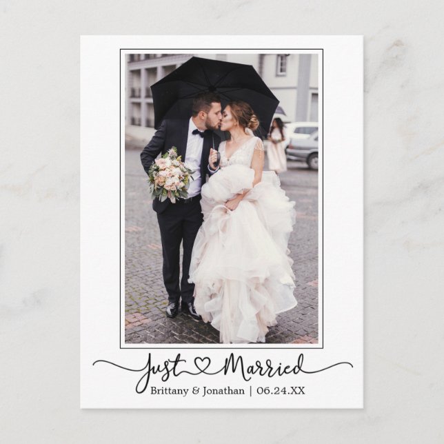 Modern Calligraphy Heart Photo Just Married Postcard (Front)