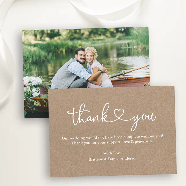 Modern Calligraphy Heart Photo Kraft Wedding Note Thank You Card | Zazzle