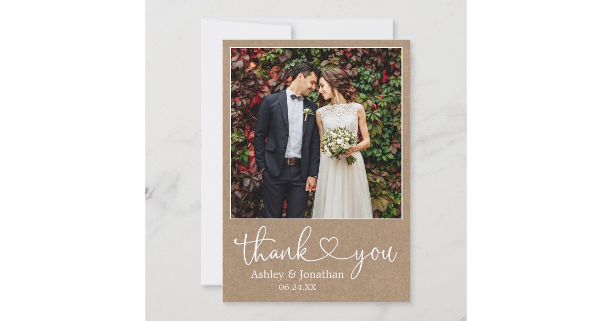 Modern Calligraphy Heart Photo Wedding Kraft Thank You Card | Zazzle