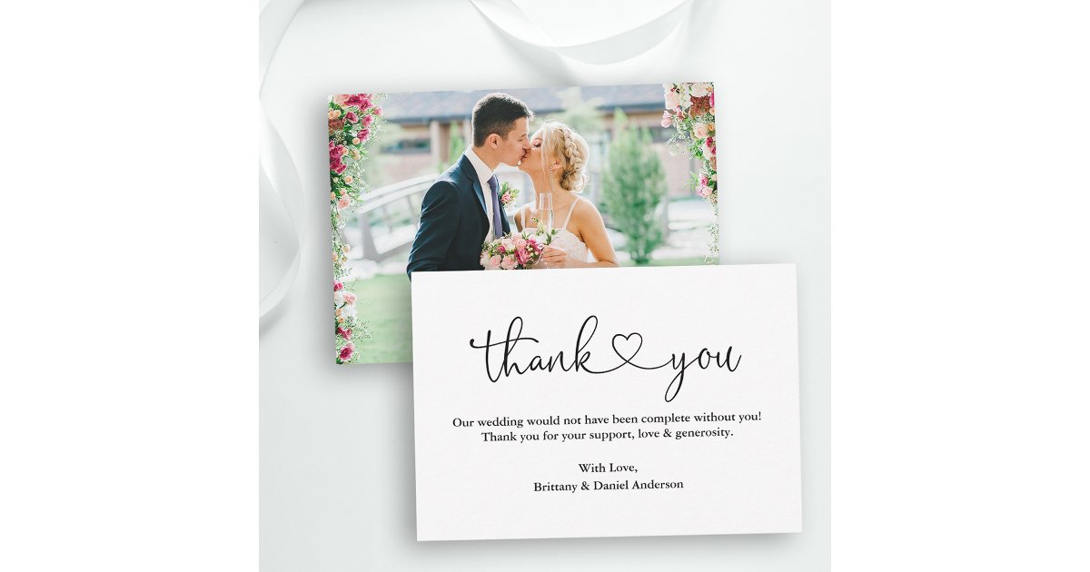 Modern Calligraphy Heart Photo Wedding Note Thank You Card | Zazzle