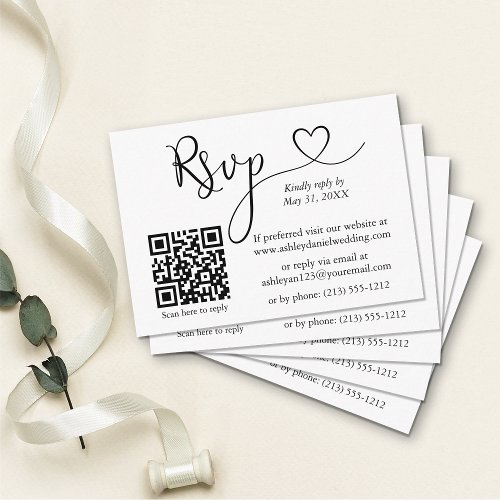Modern Calligraphy Heart QR Wedding RSVP Enclosure Card