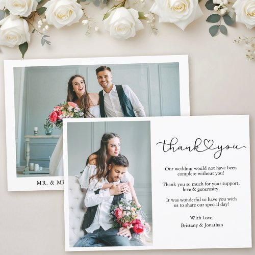 Modern Calligraphy Heart Script 2 Photo Wedding  Thank You Card