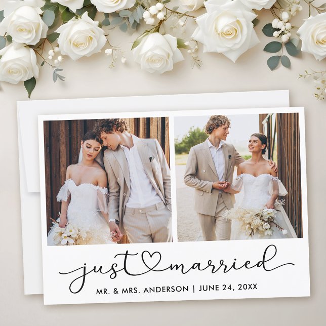 Modern Calligraphy Heart Script 2 Photos Wedding  Announcement (Customize to add text to back of card.)