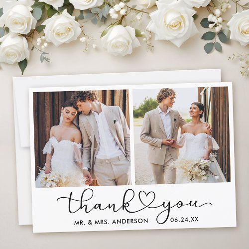 Modern Calligraphy Heart Script 2 Photos Wedding  Thank You Card