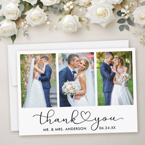 Modern Calligraphy Heart Script 3 Photo Wedding Thank You Card