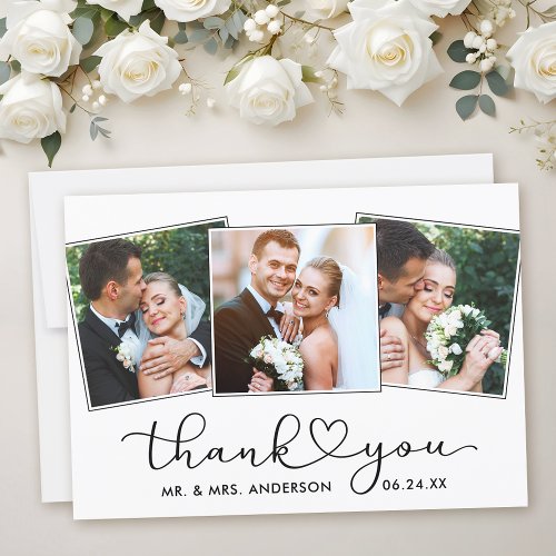 Modern Calligraphy Heart Script 3 Photos Wedding Thank You Card