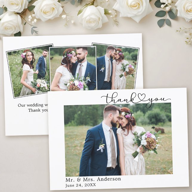 Modern Calligraphy Heart Script 4 Photo Wedding Thank You Card (Customize to change your personalized text size or text style.)