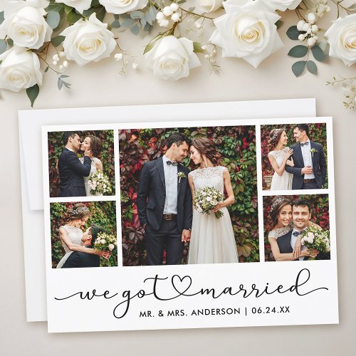 Modern Calligraphy Heart Script 5 Photo Wedding  Announcement