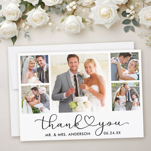 Modern Calligraphy Heart Script 5 Photo Wedding Thank You Card