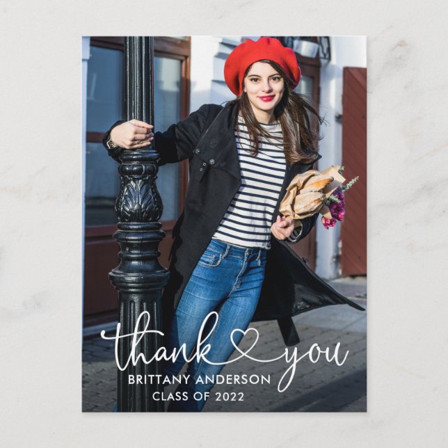 Modern Calligraphy Heart Script Graduate Thank You Postcard (Front)
