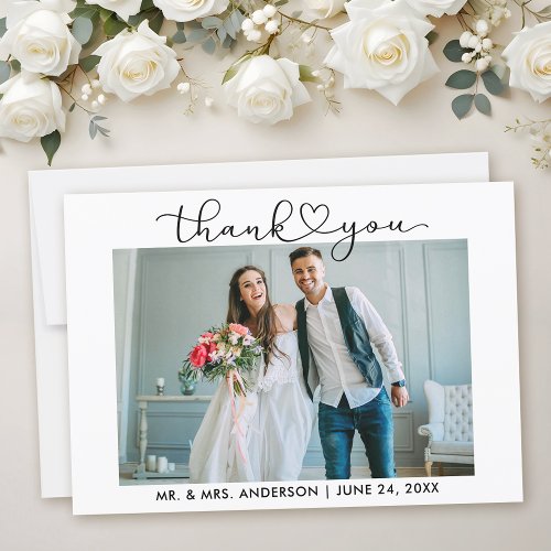 Modern Calligraphy Heart Script Photo Wedding Thank You Card