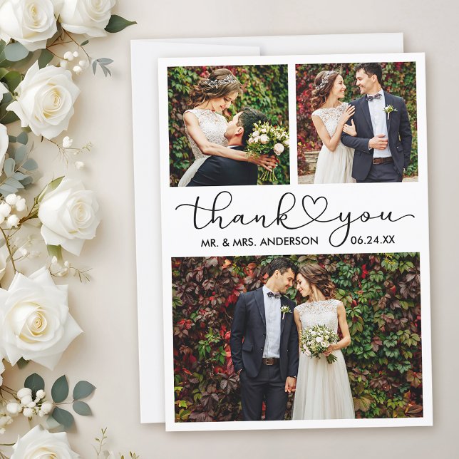 Modern Calligraphy Heart Script Wedding 3 Photo Thank You Card (Customize to add text to back of card.)