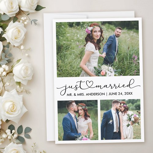 Modern Calligraphy Heart Script Wedding 3 Photos Announcement