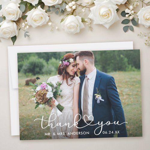 Modern Calligraphy Heart Script Wedding Photo Thank You Card