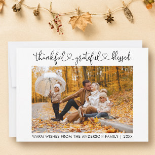 Modern Calligraphy Heart Thankful Grateful Blessed Holiday Card