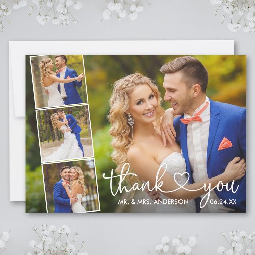 Modern Calligraphy Heart Wedding 4 Photo Collage Thank You Card