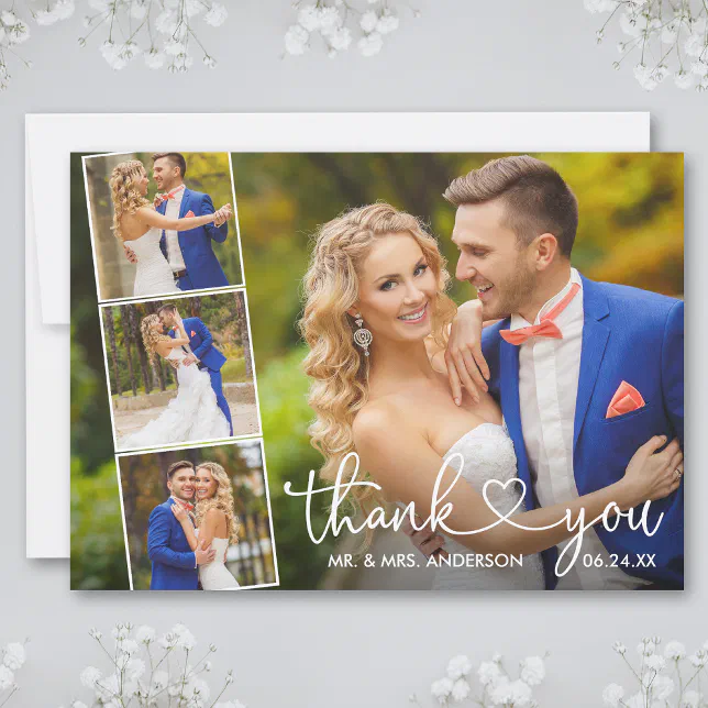 Modern Calligraphy Heart Wedding 4 Photo Collage Thank You Card | Zazzle