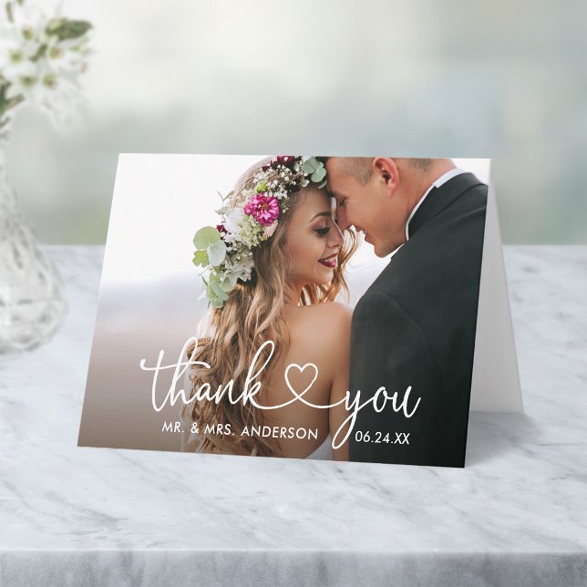Modern Calligraphy Heart Wedding Fold Note  Thank You Card (Customize to add text to inside of card.)