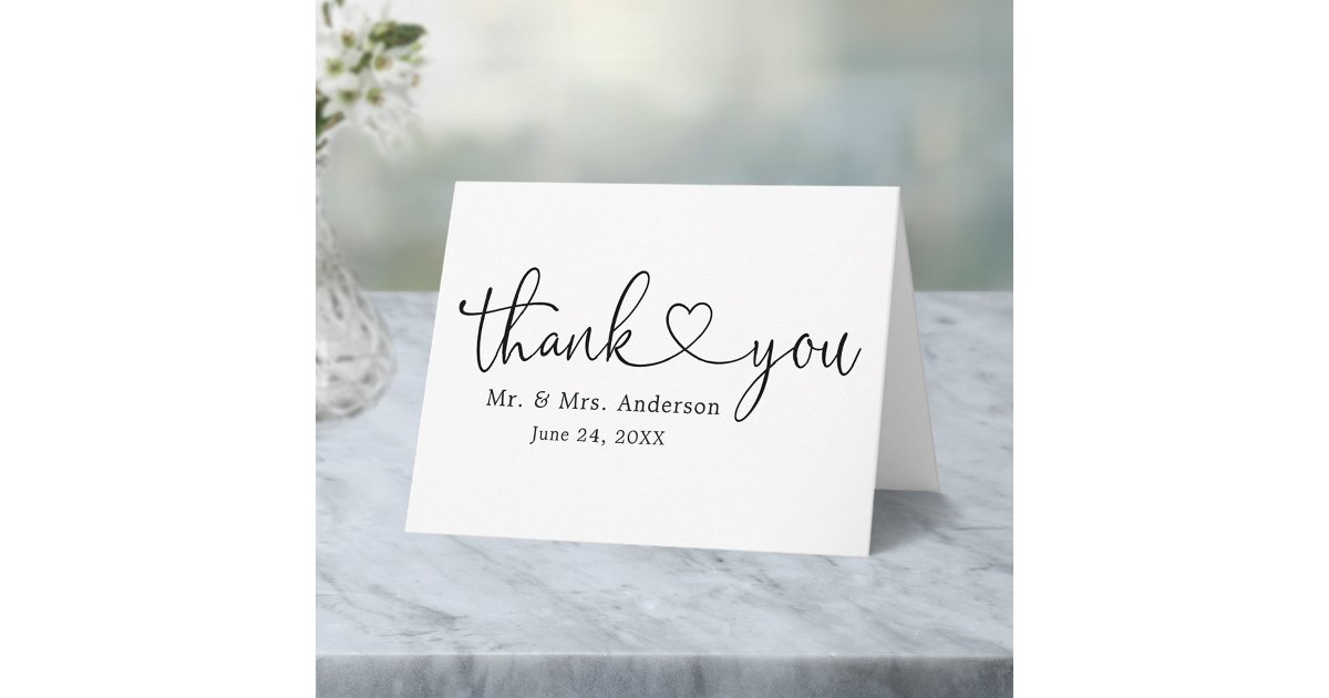 Modern Calligraphy Heart Wedding Folded Note Thank You Card | Zazzle