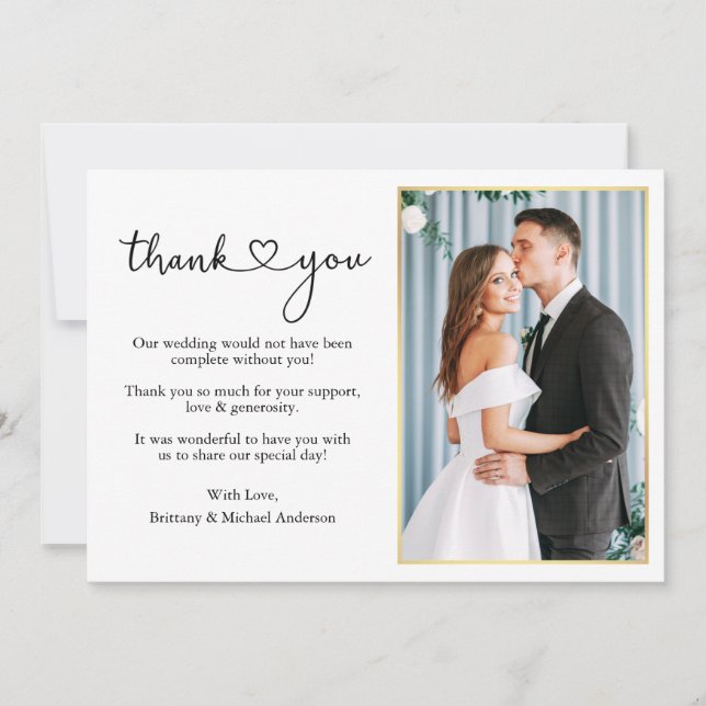 Modern Calligraphy Heart Wedding Gold Frame Photo Thank You Card (Front)