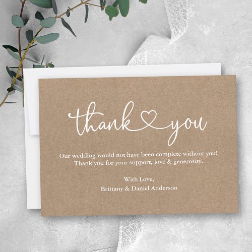 Modern Calligraphy Heart Wedding Kraft Note Thank You Card