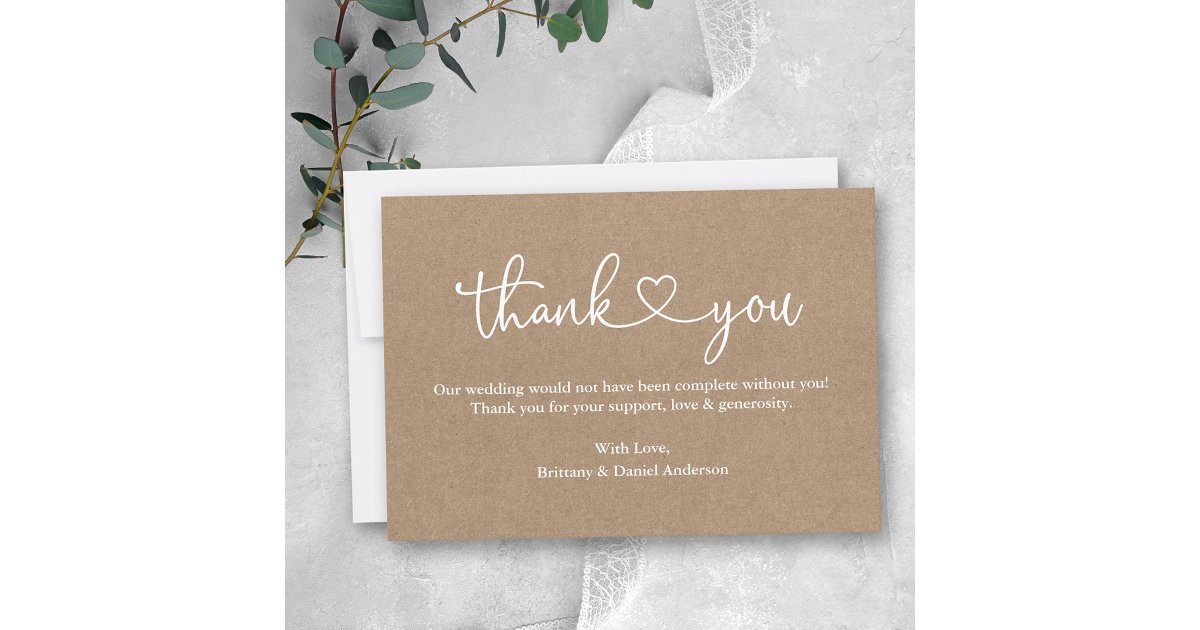 Modern Calligraphy Heart Wedding Kraft Note Thank You Card | Zazzle