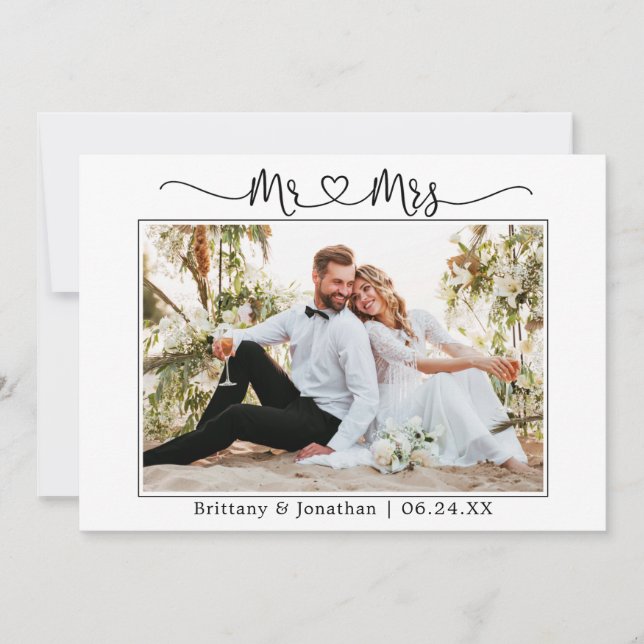 Modern Calligraphy Heart Wedding Mr. and Mrs. Thank You Card (Front)