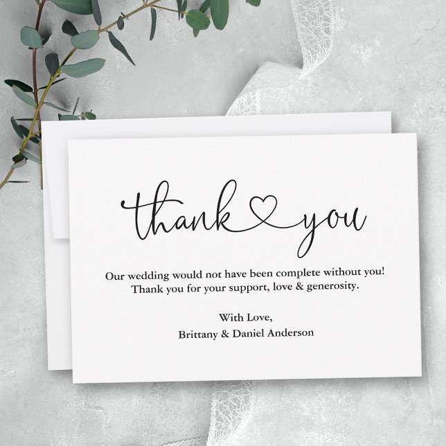 Modern Calligraphy Heart Wedding Note Thank You Card (Customize to change your personalized text size or to add more text or photos to back of card.)