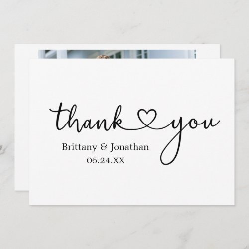 Modern Calligraphy Heart Wedding Photo Back Thank You Card