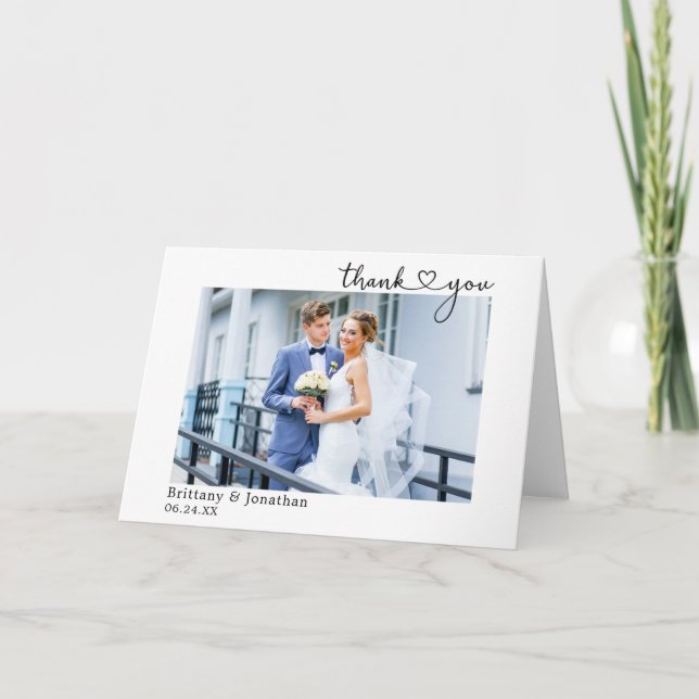 Modern Calligraphy Heart Wedding Photo Fold Thank You Card (Front)