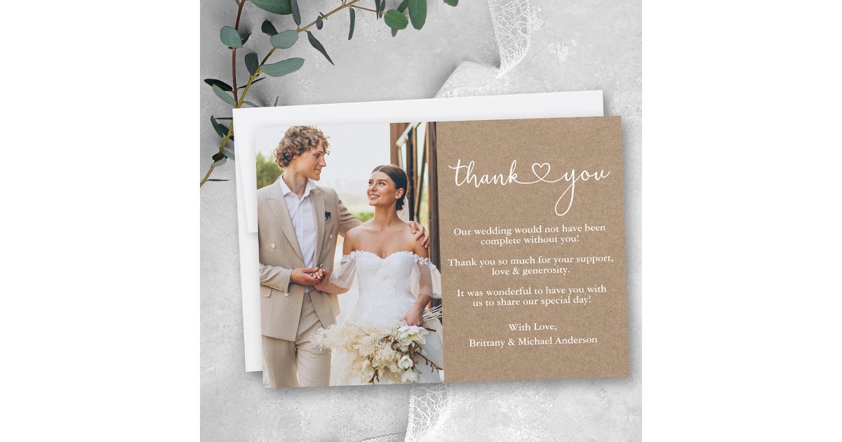 Modern Calligraphy Heart Wedding Photo Kraft Thank You Card | Zazzle